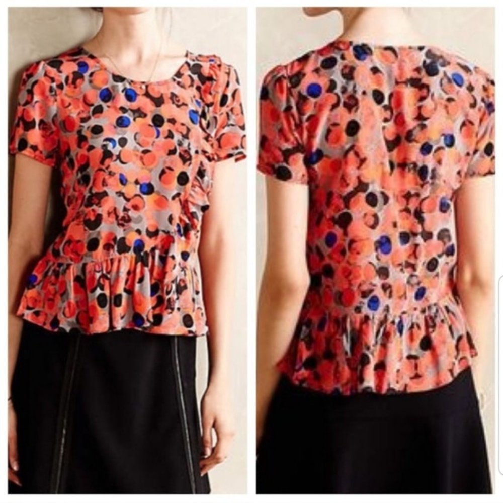 Anthropologie HD IN PARIS silk spotted ruffle flounce peplum short sleeve blouse